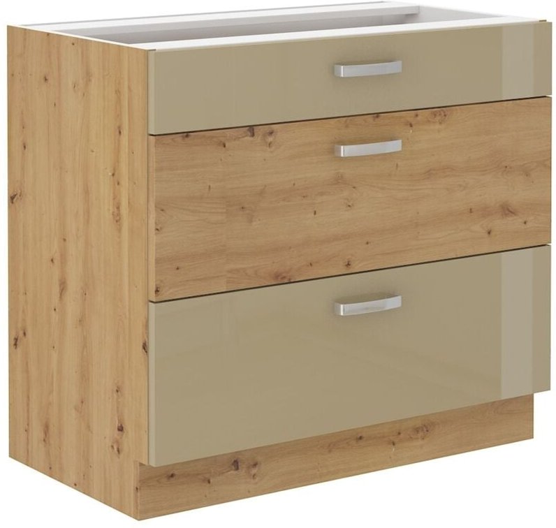 Küchen Preisbombe - Küchen Unterschrank 80 Eiche Artisan Cappuccino Hochglanz Vollauszug Soft-Close