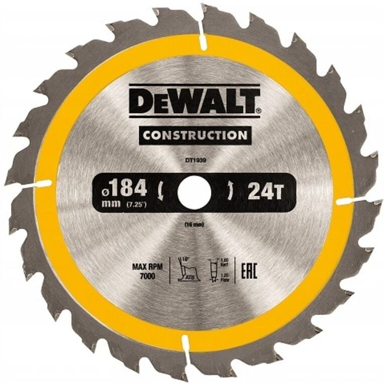 DT1939-QZ Kreissägeblatt 184 x 16 mm, 24 Zähne, genageltes Holz - Dewalt