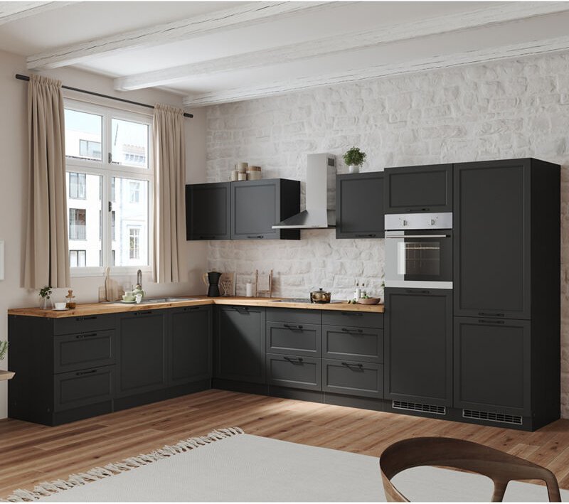 Thumbnail - Lomadox - Winkelküche 360/240 cm mit E-Geräten in grau, Arbeitsplatte in Eiche, MONTERREY-03