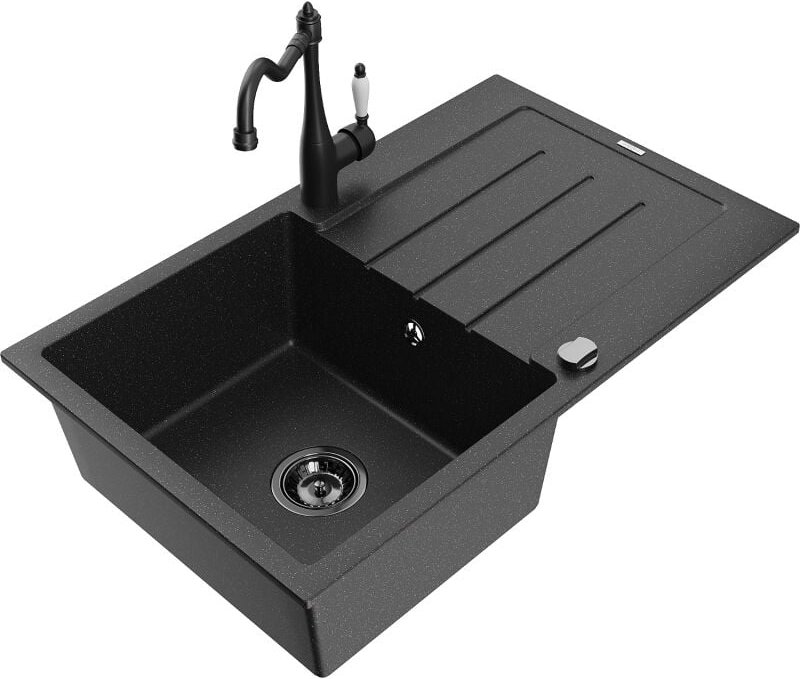 Bruno 1 Becken-Granitspüle mit Abtropffl√§che und Mischbatterie Carla, Schwarz/Silbermetallic - 6513-73-670700-70-B - Me...