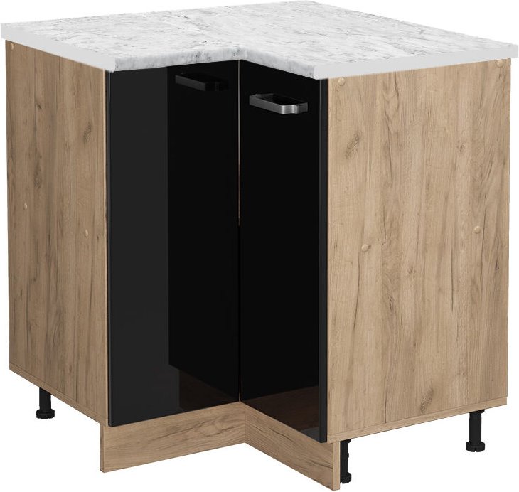 Vicco - Eckunterschrank R-Line, Schwarz Hochglanz, 75.6 cm ap Marmor