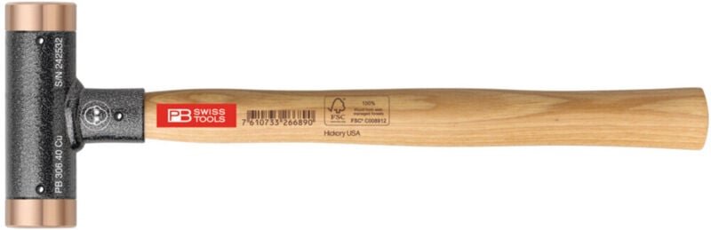 Pb Swiss Tools - Rückschlagfreier Hammer, mit Kupfer-Einsätzen, Hickory-Stiel, 24 mm