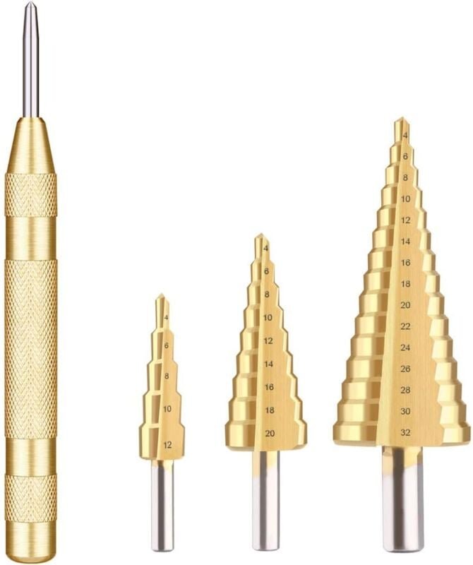 HSS-Metall-Stufensenkerbohrer, Metall-Stufenbohrer, 4 Stück, 4–12/20/32 mm, dreieckig, konischer Senker, Sechskant, Edel...