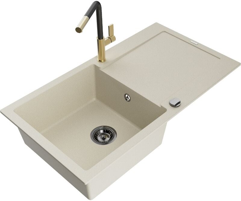 Leo 1 Becken-Granitspüle mit Abtropffl√§che und Mischbatterie Flora, Beige - 6501-69-670401-57-B - Mexen