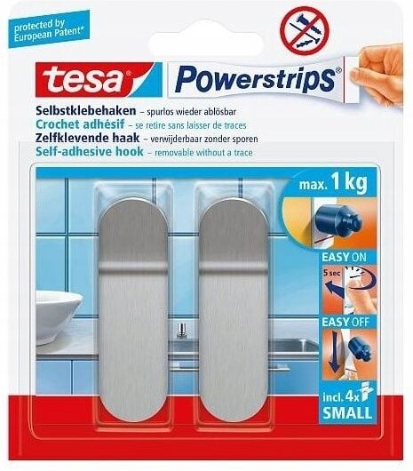 Tesa - Powerstrips Haken Small rechteckig, Edelstahl Haushaltsklebeband & Klebehaken