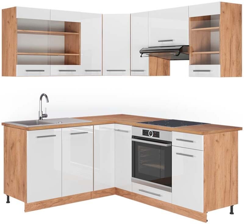 Eckküche Fame-Line, Weiß Hochglanz/Goldkraft Eiche, 160 x 190 cm , AP Eiche, Vicco