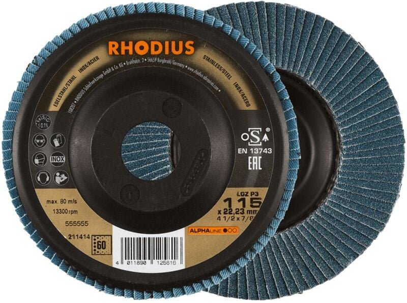 RHODIUS LGZ P3, 10 Stück, 125 mm, Korn 80, Fächerschleifscheibe