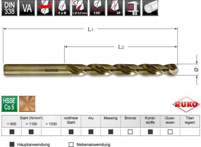 Spiralbohrer din 338 Typ va HSSE-Co 5 ø 5 mm - 2155050 - Ruko