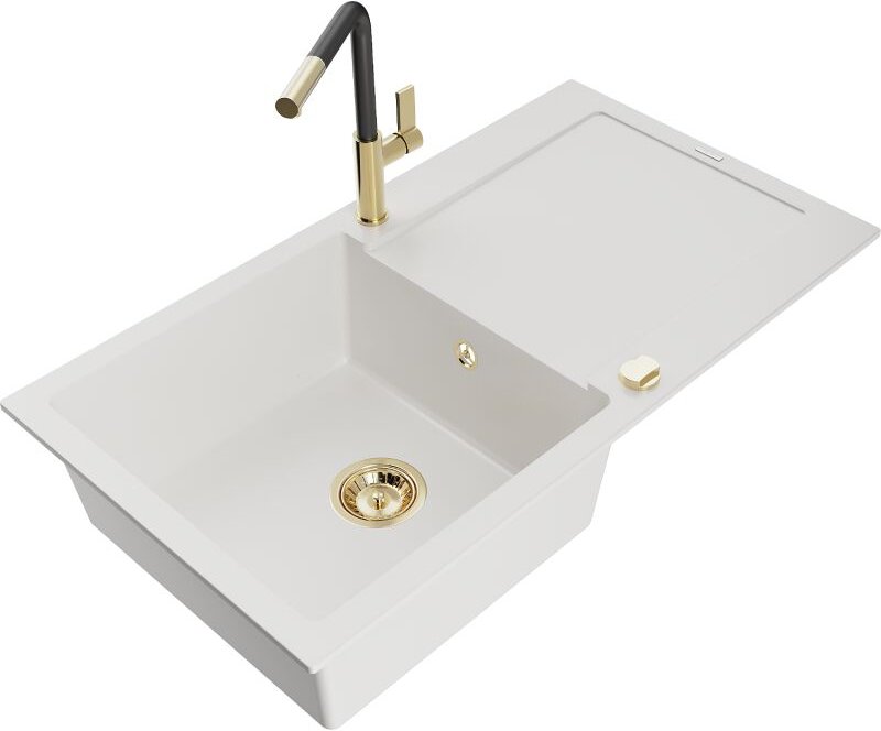 Leo 1 Becken-Granitspüle mit Abtropffl√§che und Mischbatterie Flora, Wei√ü - 6501-20-670401-57-G - Mexen