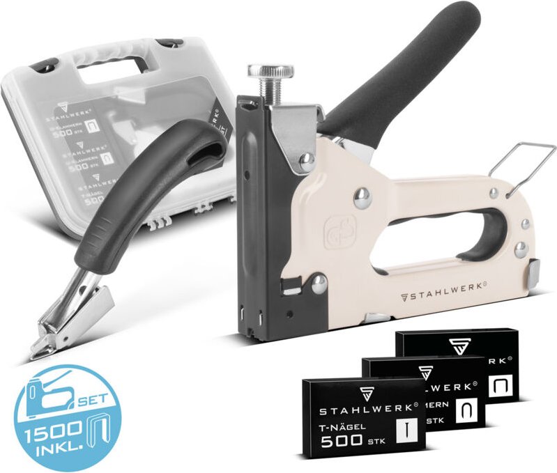 STAHLWERK Handtacker Set mit Tacker Klammerentferner + 1500 Klammern und Nägel