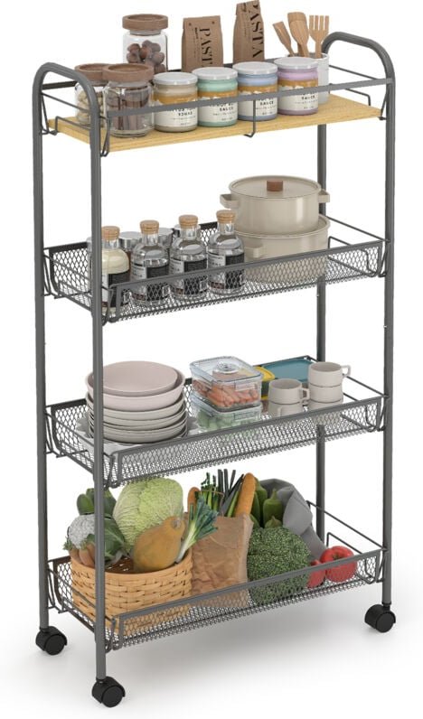 Sekey Beistellwagen Rollwagen mit 4 Ebenen, schmaler Küchenwagen mit Rollen, vielseitiger Haushaltswagen für Küche & Woh...