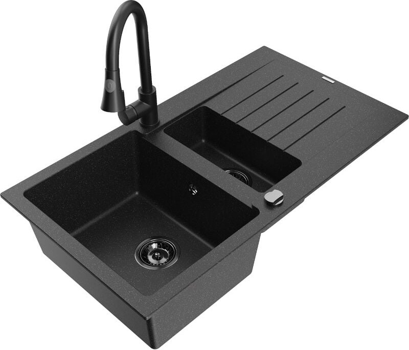 Matias 1,5-Becken-Granitspüle mit Abtropffl√§che und Mischbatterie Elia, Schwarz/Silber - 6502-73-670101-70-B - Mexen