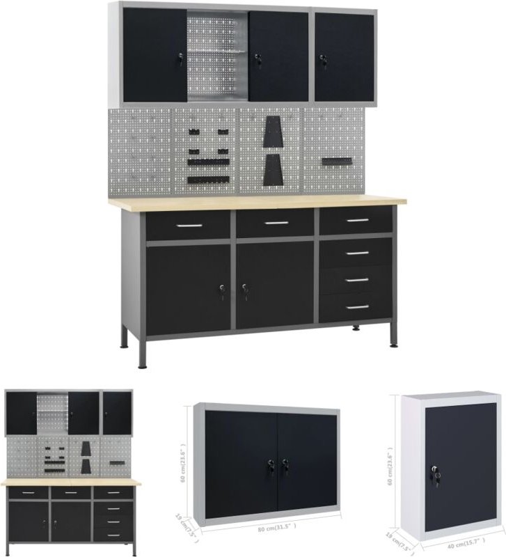 Werkbank mit 4 Werkzeugwänden und 2 Wandschränken - Werkbänke - Schwarz - The Living Store