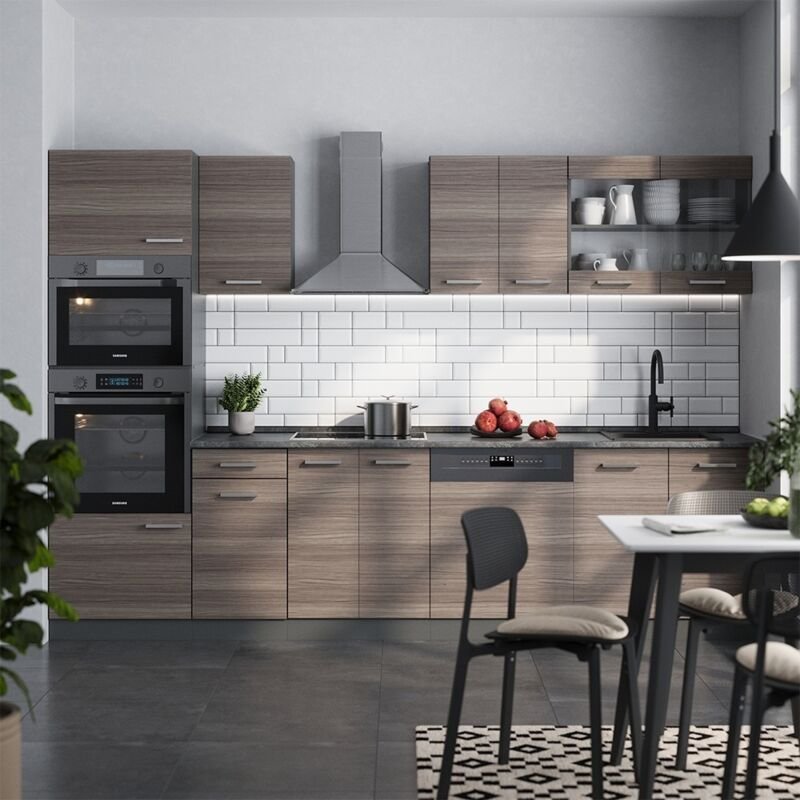 Vicco - Küchenzeile R-Line, Edelgrau/Anthrazit, 300 cm mit Hochschrank, ap Eiche