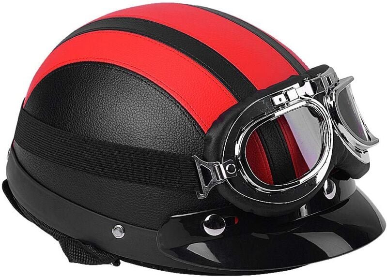 54 – 60 cm Motorradhelm, offener Helm aus Leder und weichem Innenfutter, mit -beständiger Brille, Rot. - Ej.life