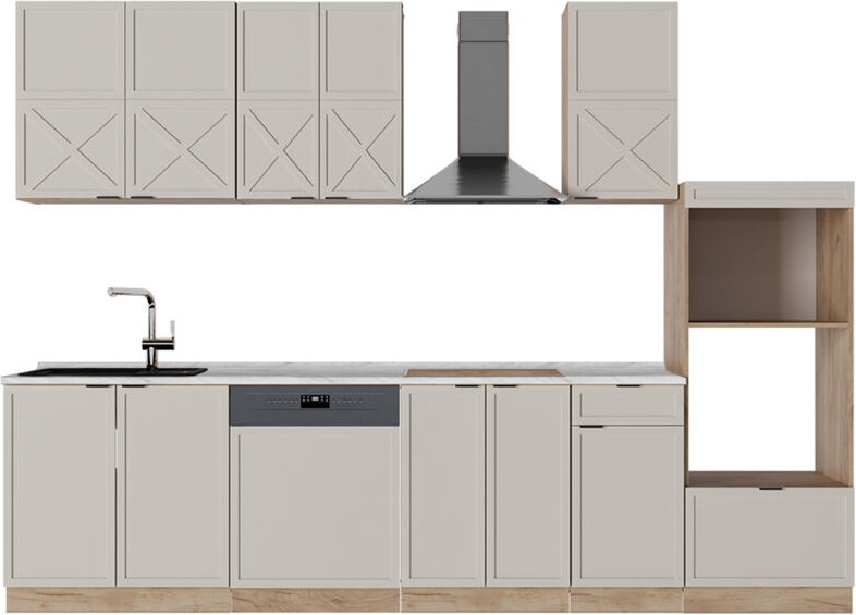 Küchenzeile Fame-Line, GrauBeige/Goldkraft Eiche, 300 cm mit Hochschrank, ohne Arbeitsplatte, Vicco