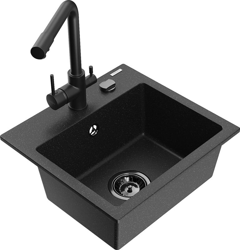 Milo 1-Becken-Granit-Spüle mit Mischbatterie Duero, Schwarz/Silbermetallic - 6505-73-671600-70 - Mexen