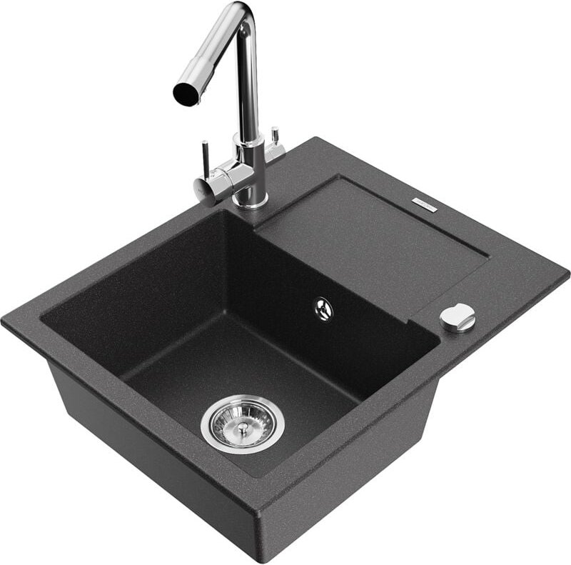 Enzo 1 Becken-Granitspüle mit Abtropffläche und Mischbatterie Duero, Schwarz gesprenkelt - 650 - Mexen