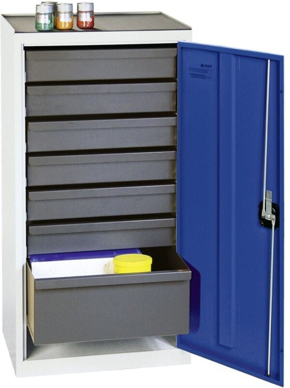 Werkzeug- und Materialschrank Serie 3000 lichtgrau / enzianblau + 6 Schubladen 100 mm + 1 Schublade 200 mm - 3001874 - S...