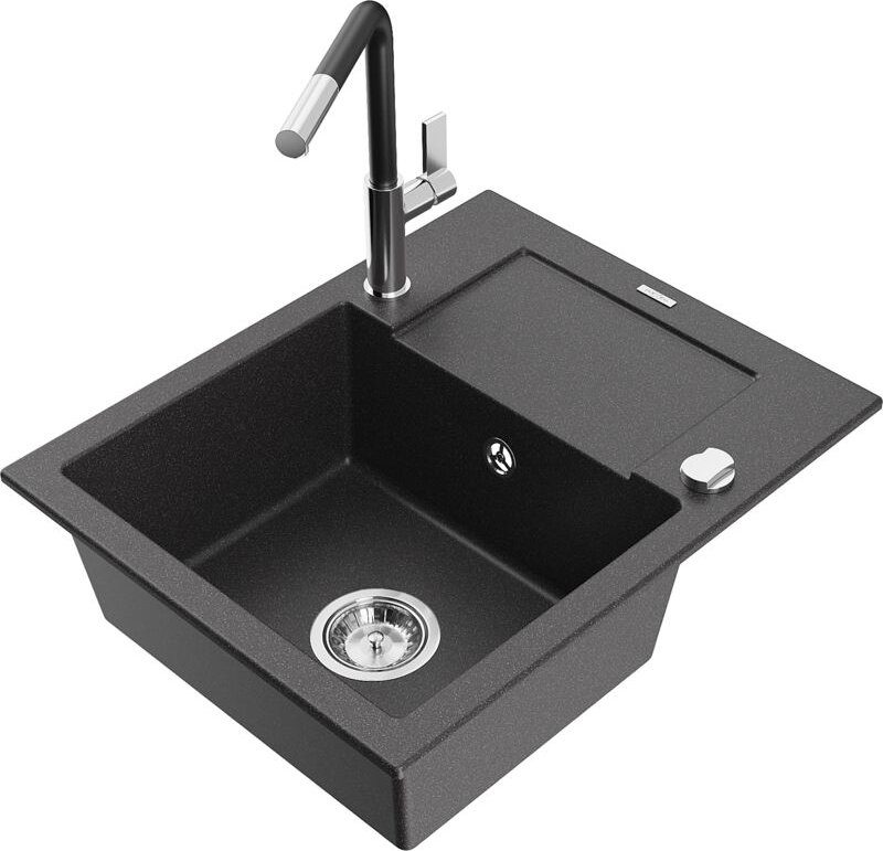 Enzo 1 Becken-Granitspüle mit Abtropffläche und Mischbatterie Flora, Schwarz gesprenkelt - 650 - Mexen
