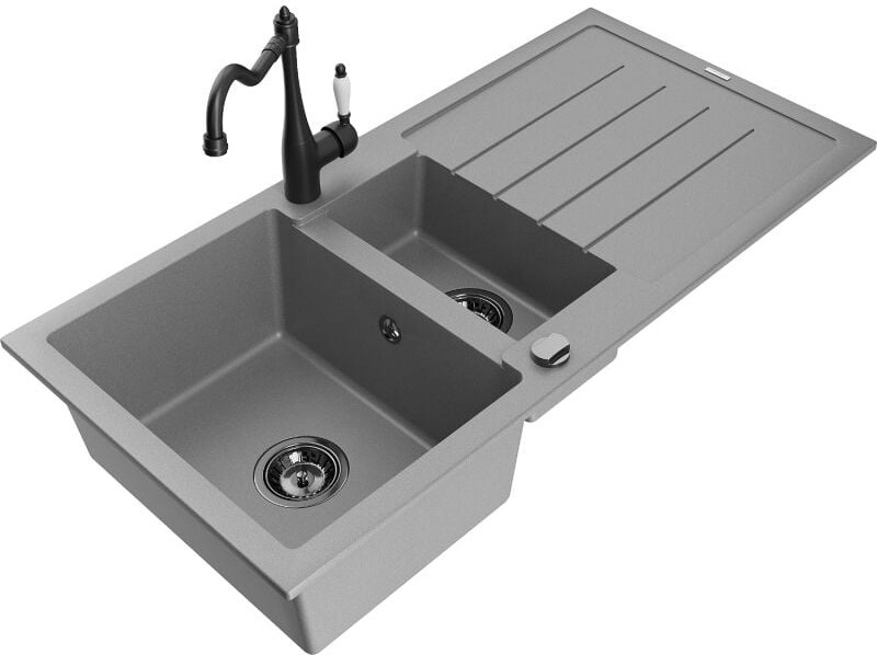 Andres 1,5-Becken-Granitspüle mit Abtropffl√§che und Mischbatterie Carla, Grau - 6515-71-670700-70-B - Mexen