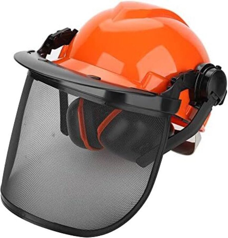 Sicherheits-Forsthelm für Forstarbeiten mit Gehörschutz und Stahlgittervisier, Orange