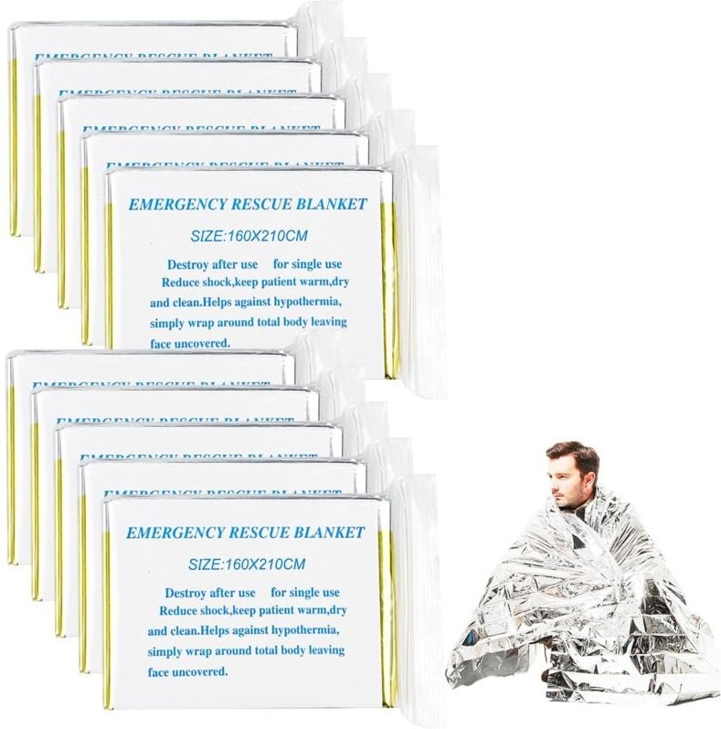 10 Stück wiederverwendbare Rettungsdecke, reißfeste und wasserdichte Thermo-Notfalldecken für Outdoor, Wandern, Survival...