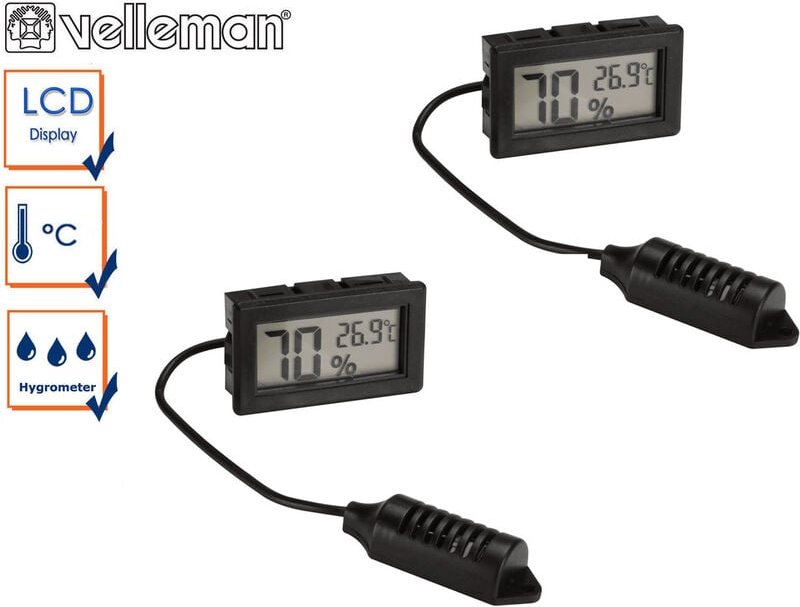 Velleman - 2er Set digital Einbau Hygrometer und Thermometer, Luftfeuchtigkeit + Temperatur