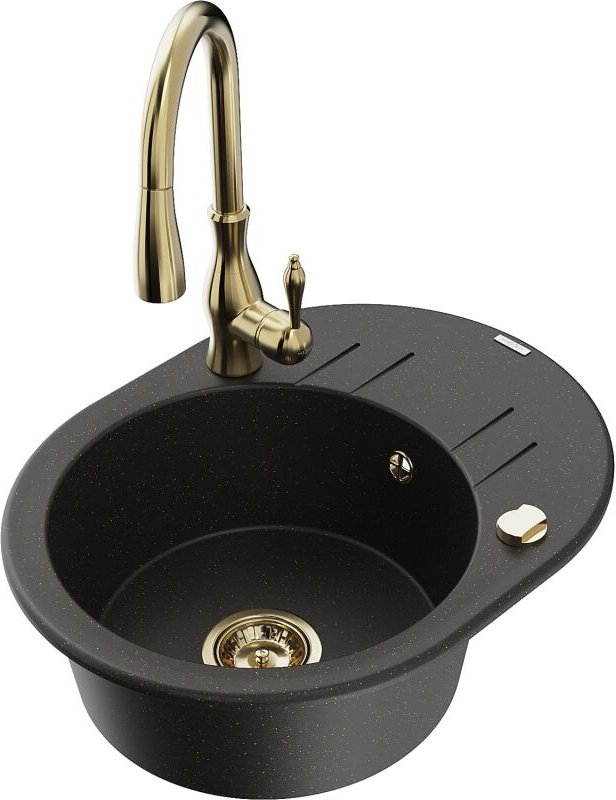 Kevin 1 Becken-Granitspüle mit Abtropffl√§che und Mischbatterie Savita, Schwarz/Gold metallisch - 6517-75-672601-50 - Me...