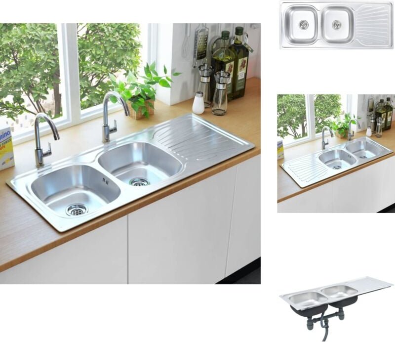 Küchenspülen & Spülbecken - Living Küchenspüle Doppelbecken mit Sieb & Siphon Edelstahl - Silber