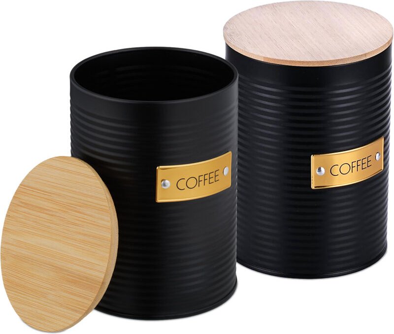 Relaxdays Kaffeedose, 2er Pack, Metall, Bambusdeckel, HxD: 16 x 11 cm, Kaffeebohnen Behälter, Vorratsdose, schwarz/natur