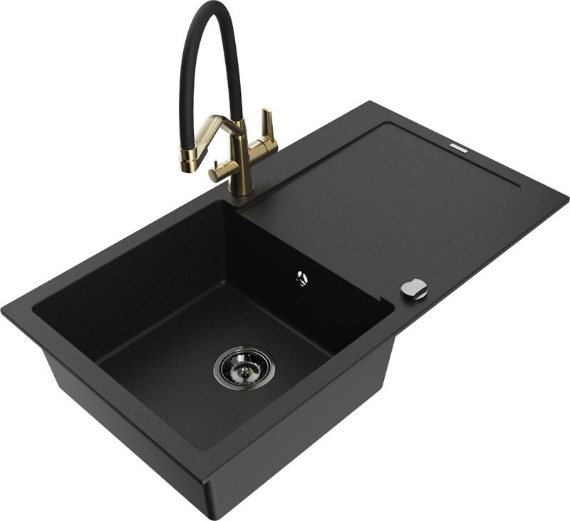 Leo 1 Becken-Granitspüle mit Abtropffläche und Mischbatterie Duo, Schwarz - 6501-77-671701-57- - Mexen