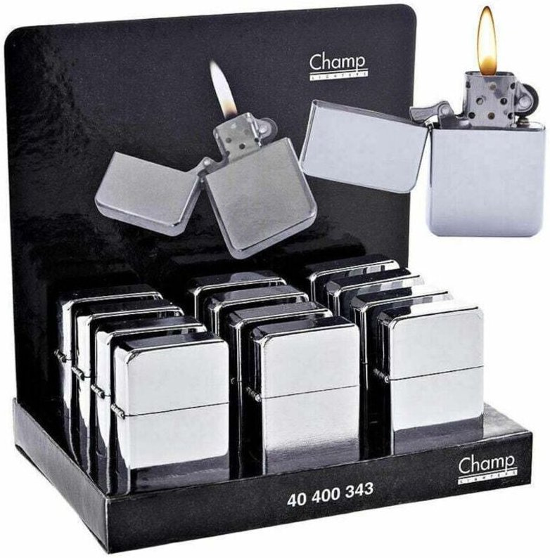 Ymyny - 12er-Set Benzinfeuerzeuge mit Chrom-Effekt und Feuerstein in Box -