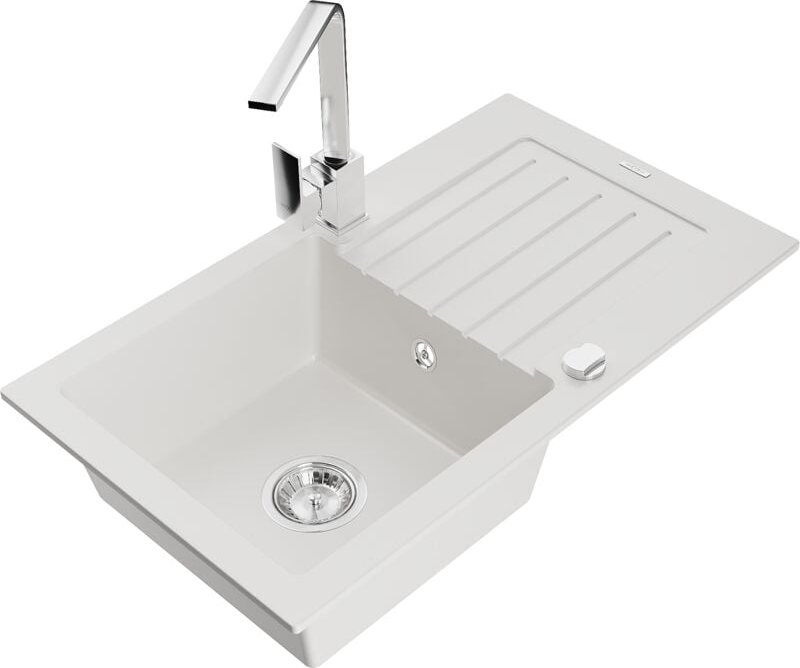 Pablo 1 Becken-Granitspüle mit Abtropffläche und Mischbatterie Rita, Weiß - 6510-20-670300-00 - Mexen