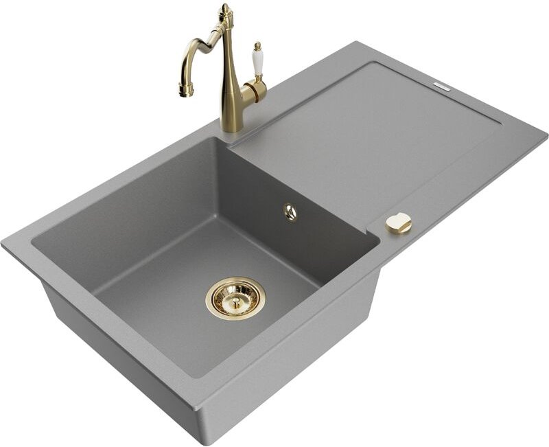 Leo 1 Becken-Granitspüle mit Abtropffläche und Mischbatterie Carla, Grau - 6501-71-670700-50 - Mexen