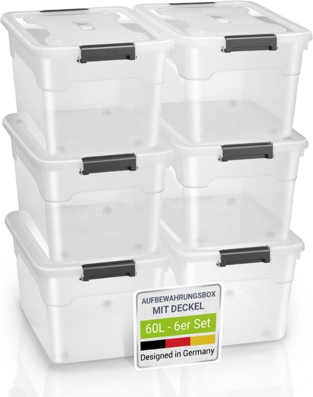 Aufbewahrungsbox mit Deckel - Kunststoff Boxen groß, stapelbar, transparent - Box Aufbewahrung Aufbewahrungsboxen - 6er ...