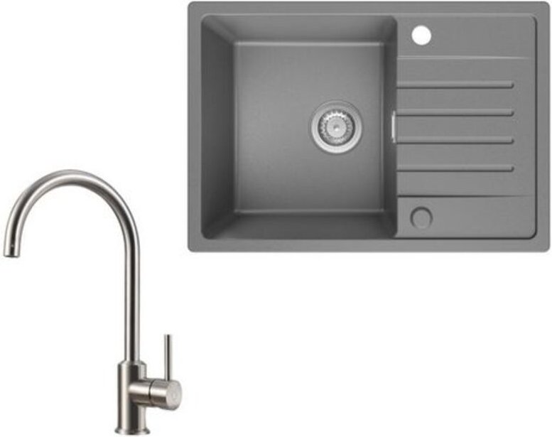 Cecipa Max - Küchenspüle 65x45cm Granitspüle Grau Mit Abtropffläche + Hochdruck-Küchenarmatur Gebürstete Küche Wasserhah...