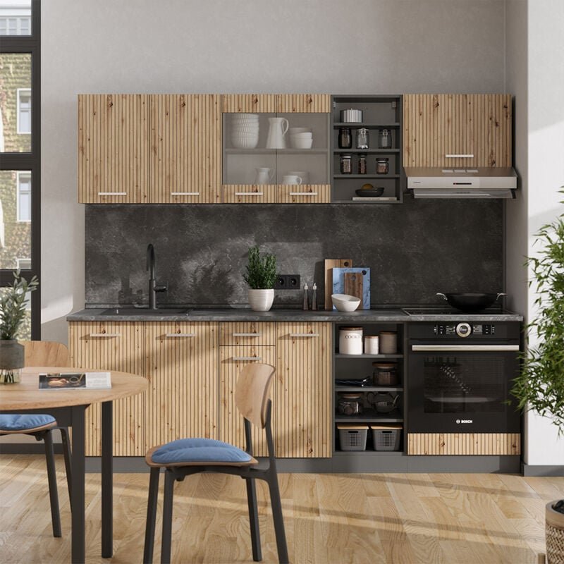 Vicco - Küchenzeile R-Line, Artisan Eiche/Anthrazit, 240 cm , ap Marmor