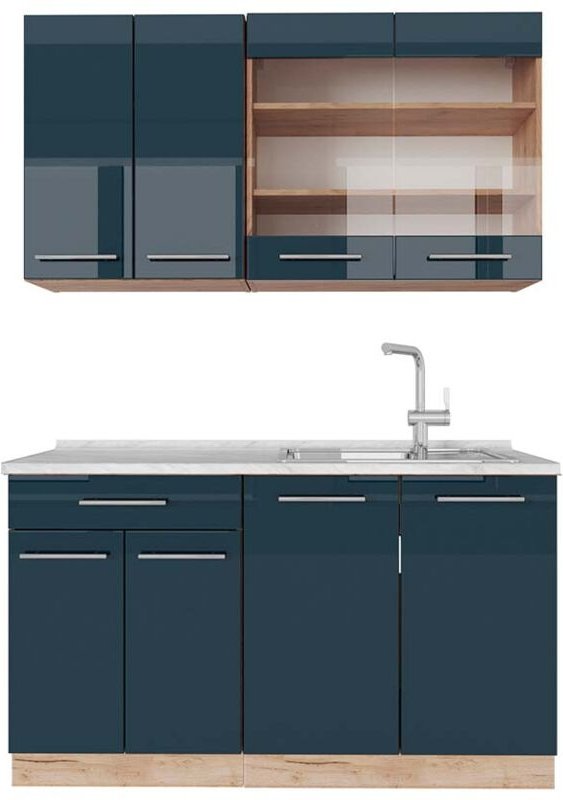 Vicco - Singleküche Fame-Line, Dunkelblau Hochglanz/Goldkraft Eiche, 140 cm , ap Marmor