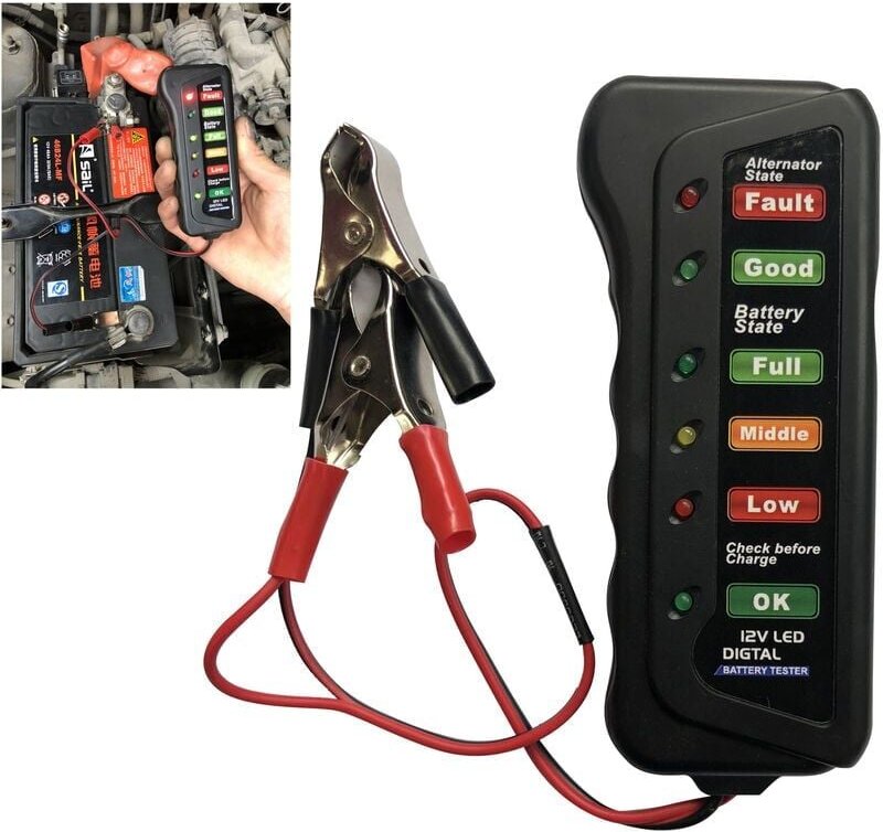 12-V-Batterietester, 6 LED-Anzeigen, Autobatterietester, 12-V-Lichtmaschinenbatterieanalysator für Auto, Motorrad