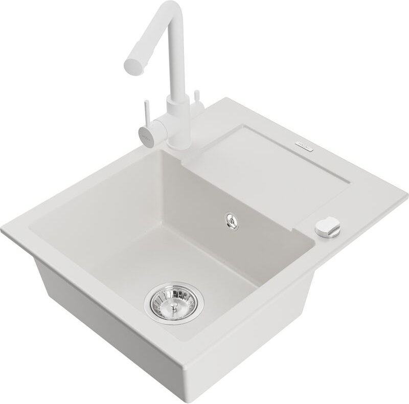 Enzo 1 Becken-Granitspüle mit Abtropffläche und Mischbatterie Duero, Weiß - 6506-20-671600-20 - Mexen