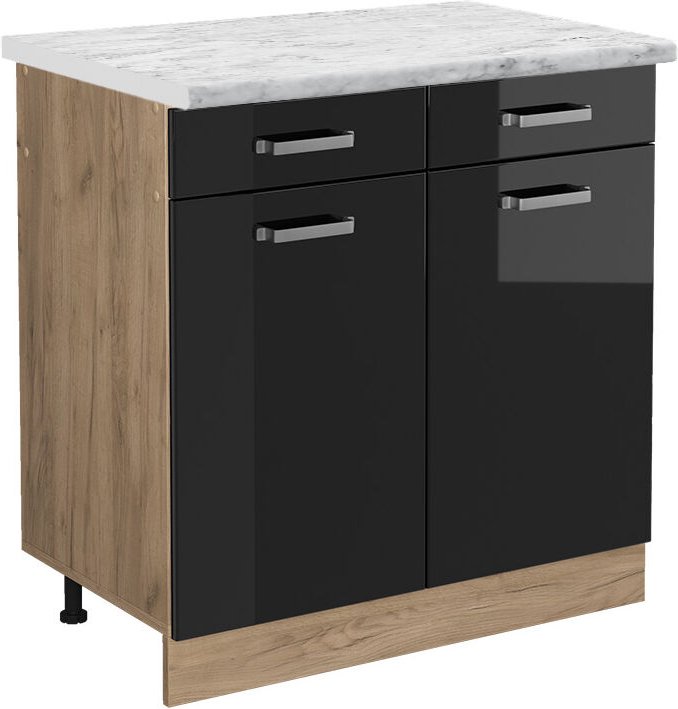 Vicco - Küchenschrank R-Line, Schwarz Hochglanz, 80 cm ap Marmor