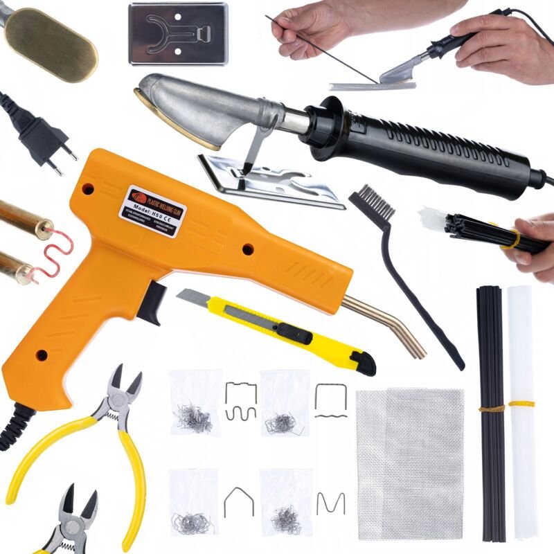Lötkolben zum Glätten von Kunststoff mit einem Satz Kunststoffe und Netze + Kunststoffhefter im Koffer + 200 Heftklammer...