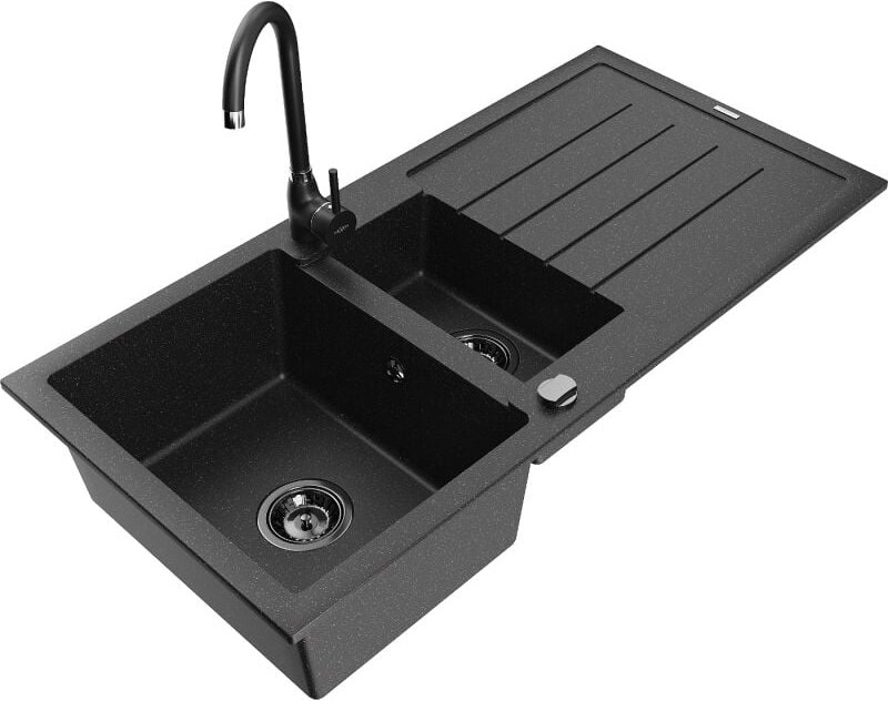 Andres 1,5-Becken-Granitspüle mit Abtropffl√§che und Mischbatterie Telma, Schwarz/Silber - 6515-73-670200-70-B - Mexen