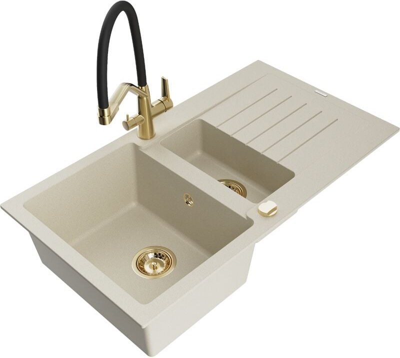 Matias 1,5-Becken-Granitspüle mit Abtropffläche und Mischbatterie Duo, Beige - 6502-69-671701- - Mexen