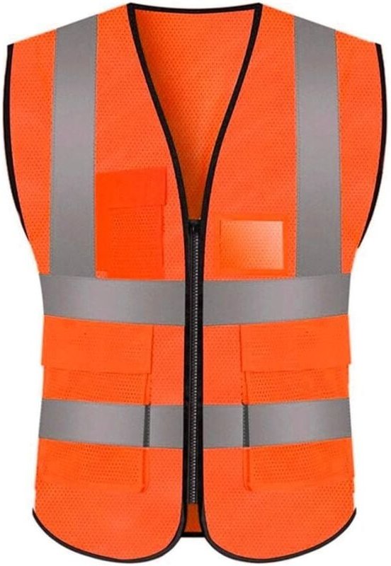 Thumbnail - Orangefarbene XXXL-Sicherheitsnetzweste mit Taschen und Reißverschluss, Netzweste mit hoher Sichtbarkeit, reflektierende...