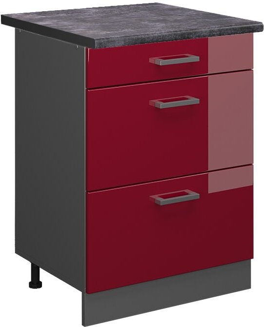 Küchenunterschrank R-Line, Bordeaux Hochglanz, 60 cm mit Schubladen, ap Anthrazit Vicco