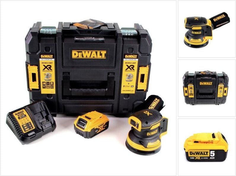 DeWalt DCW 210 P1 Akku Exzenterschleifer 18V 125mm Brushless + 1x Akku 5,0Ah + Ladegerät + TSTAK