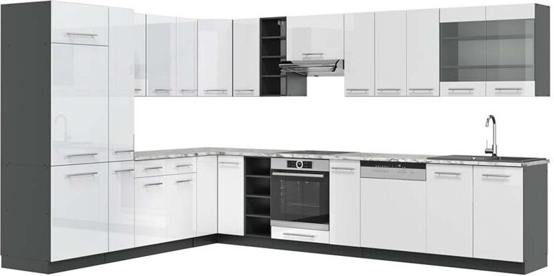 Vicco - Eckküche Fame-Line, Weiß Hochglanz/Anthrazit, 347 x 257 cm , ap Marmor