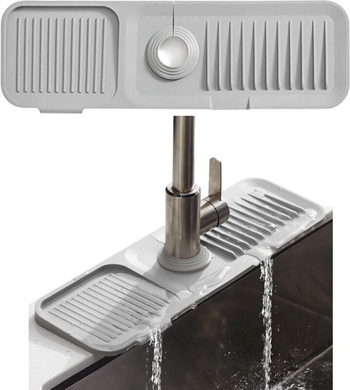 Thumbnail - 45 x 15 cm Silikon Wasserhahnmatte, Abtropfmatte für Küchenspüle, Wasserhahnschutz Abflussmatte (Hellgrau)